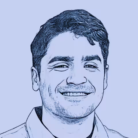 Blue line drawing portrait of Josh smiling