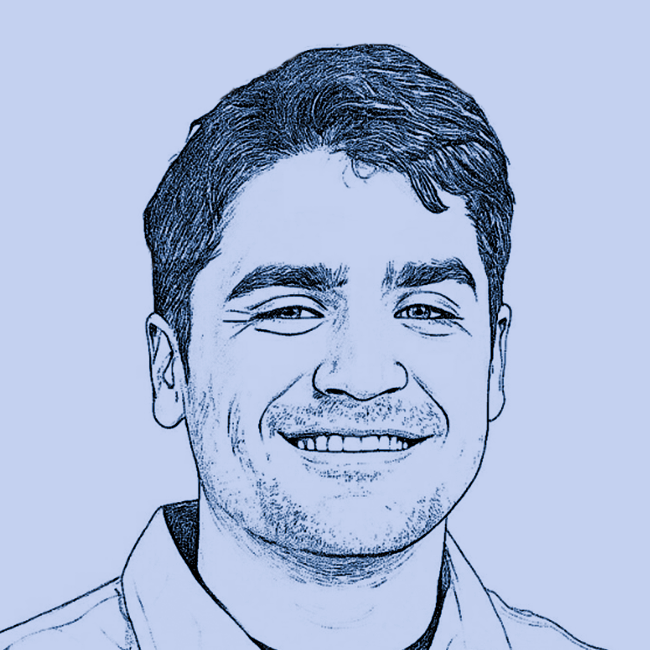 Blue line drawing portrait of Josh smiling