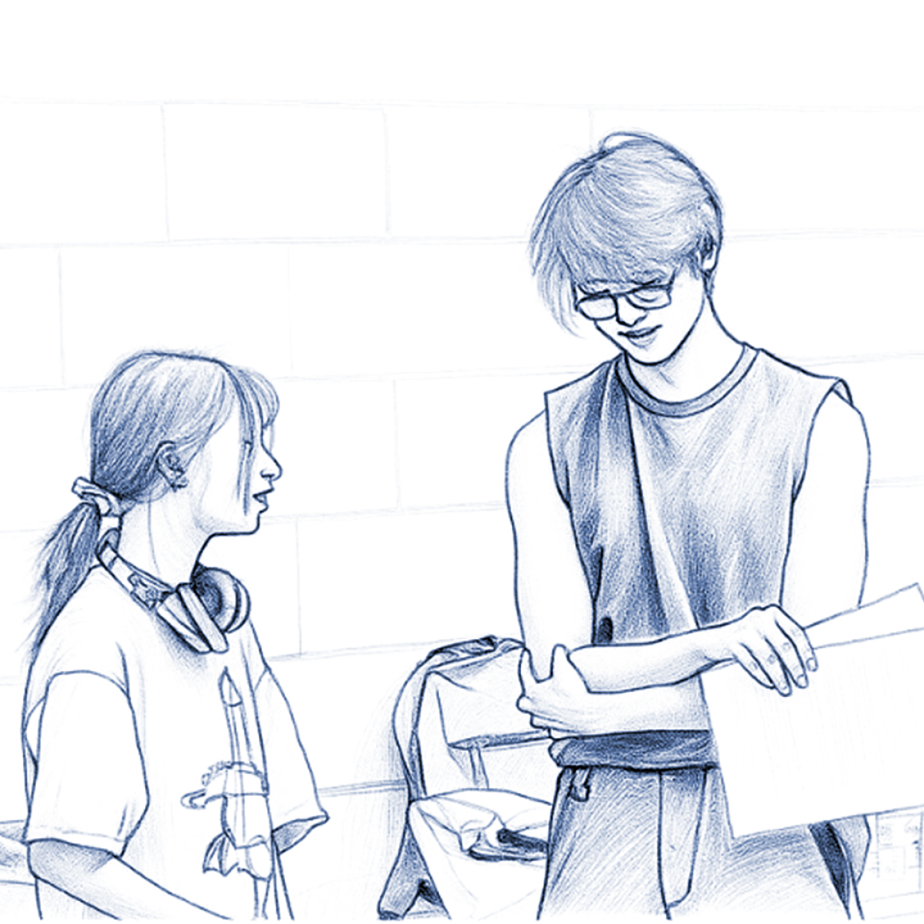 Sketch of two people talking. One, wearing headphones around their neck, gestures while the other holds papers, smiling slightly.