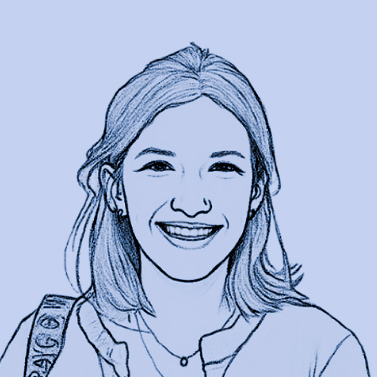 Blue line drawing portrait of Sigal smiling