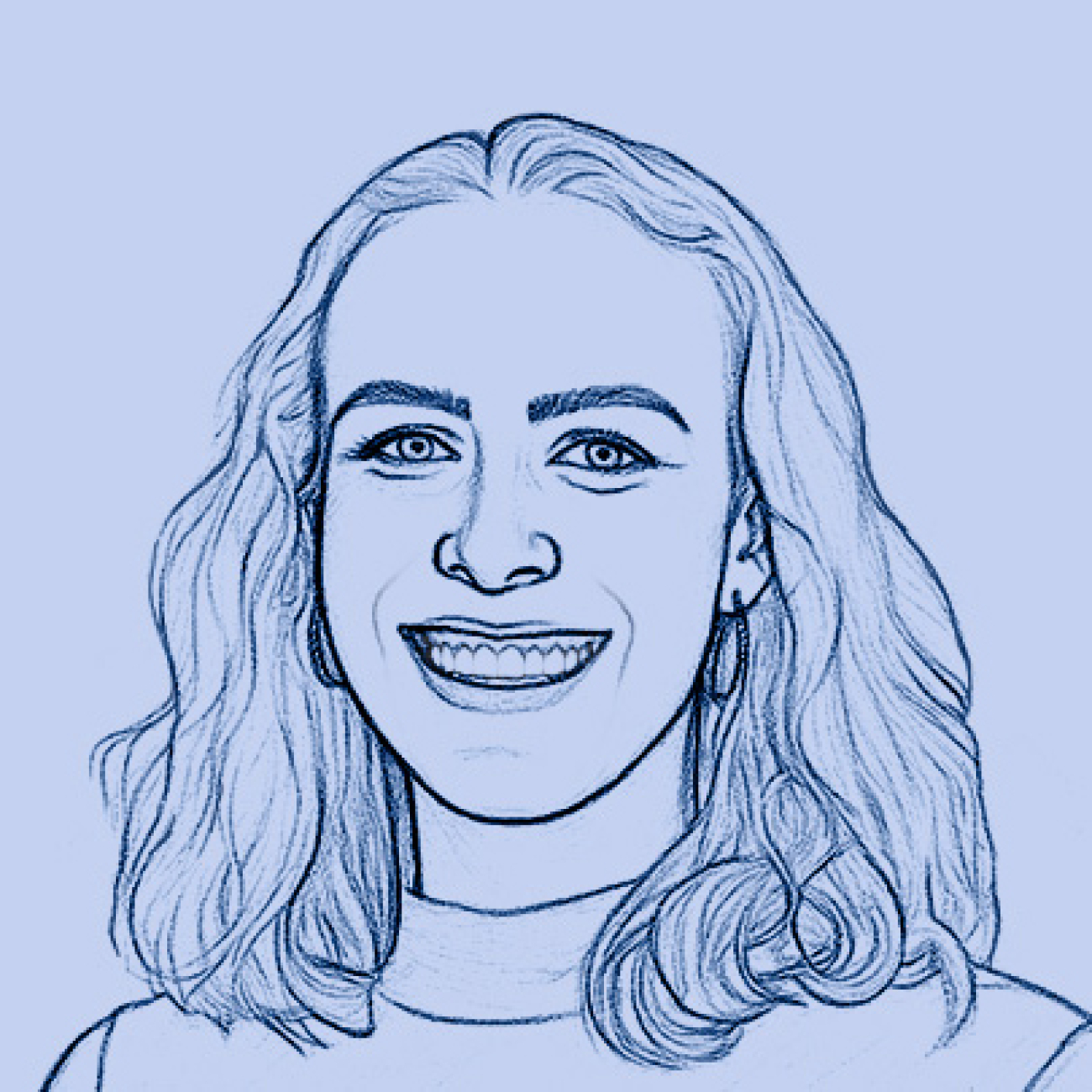 Blue line drawing portrait of Ashley smiling