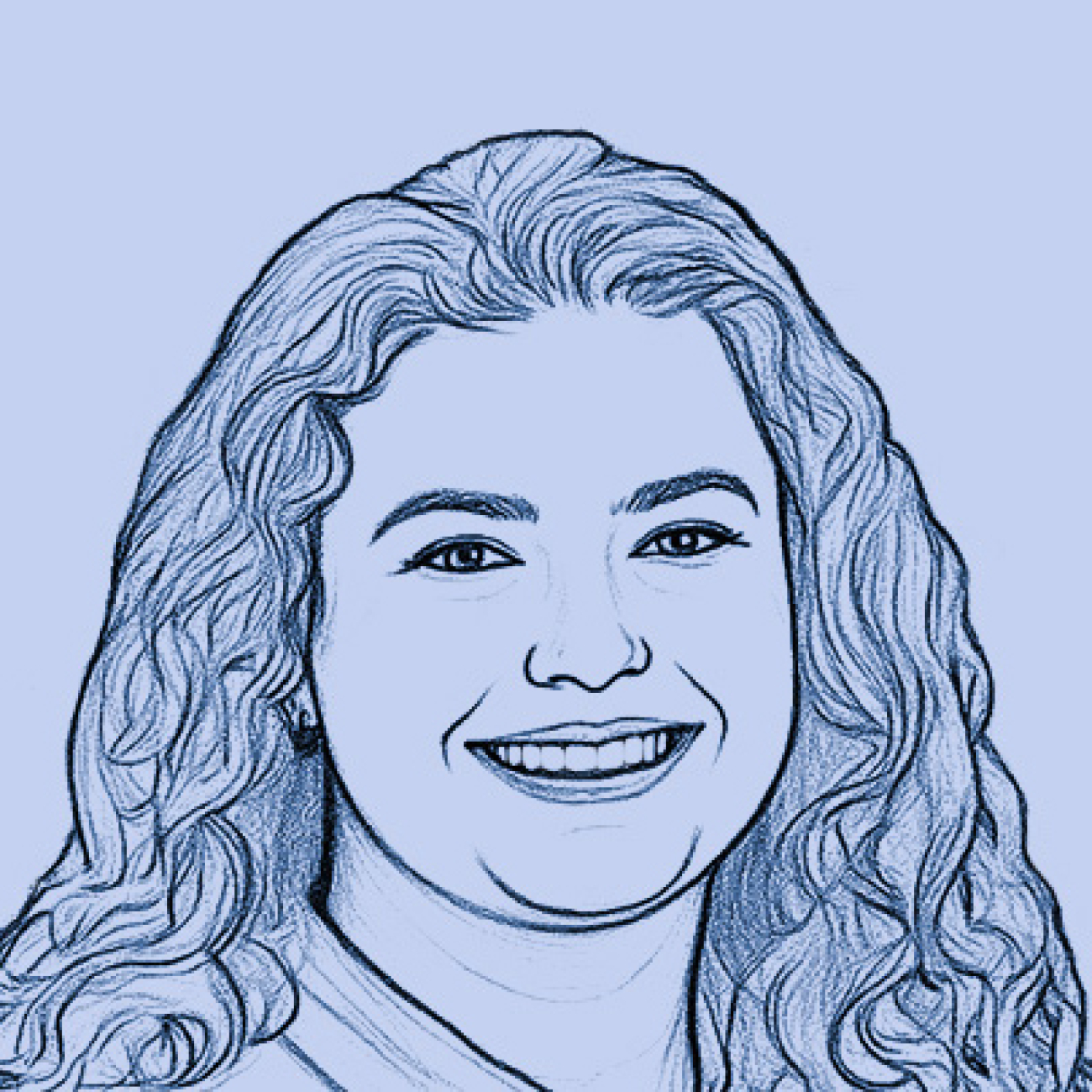 Blue line drawing portrait of Margarita smiling